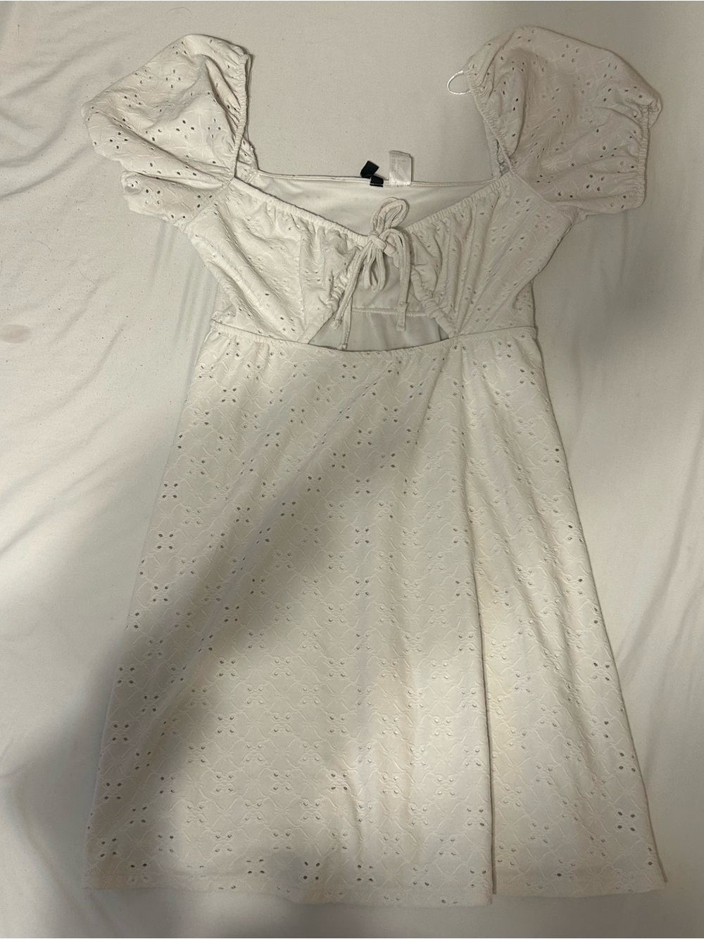 H&M White Eyelet Tie-Front Puff-Sleeve Mini Dress